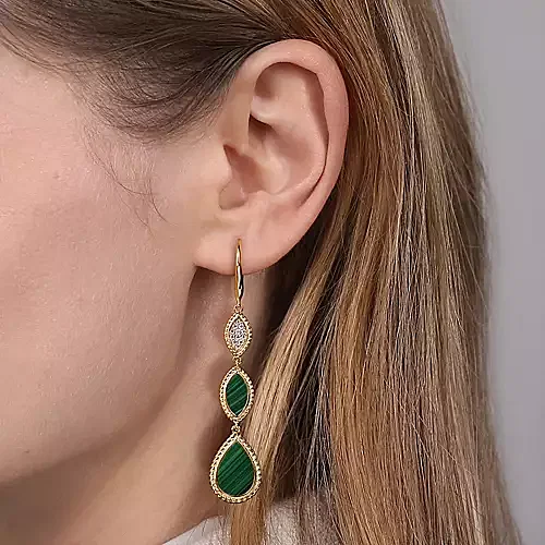 Gabriel 14K Yellow Gold Diamond And Malachite Rope Drop Earrings GC-EAR-15084