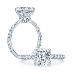 18K White Gold Quilted French Pavé Cushion Diamond Engagement Ring