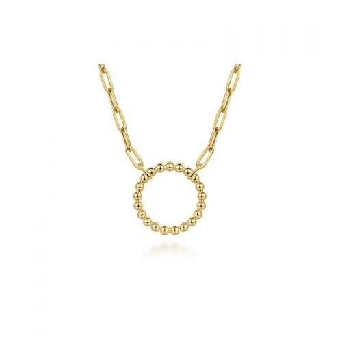 14K Yellow Gold Bujukan Ball Circle Necklace with Hollow Paperclip Chain itemprop=