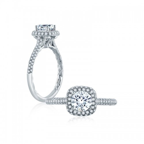 18K Quilted White Gold Double Cushion Diamond Halo Engagement Ring itemprop=