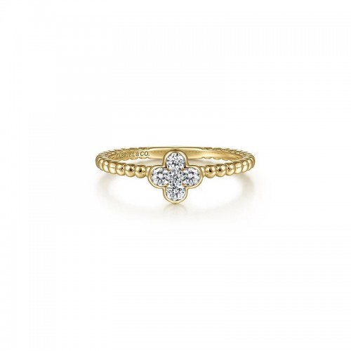 14K Yellow Gold Diamond Cluster Clover and Bujukan Bead Ring itemprop=