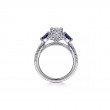 14K White Gold Fancy Three Stone Halo Sapphire and Diamond Engagement Ring