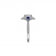 14K White Gold Fancy Three Stone Halo Sapphire and Diamond Engagement Ring