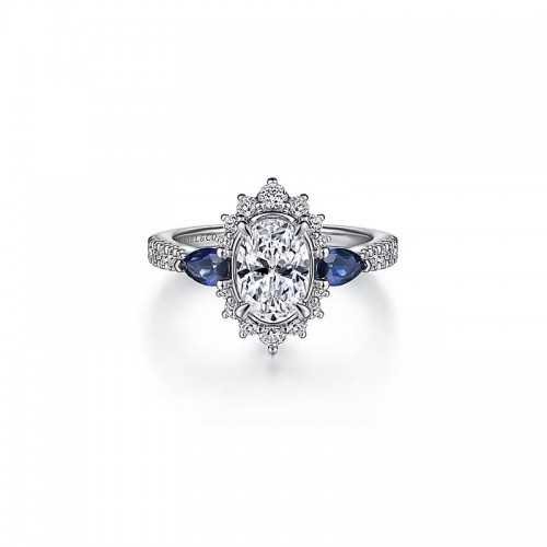 14K White Gold Fancy Three Stone Halo Sapphire and Diamond Engagement Ring itemprop=