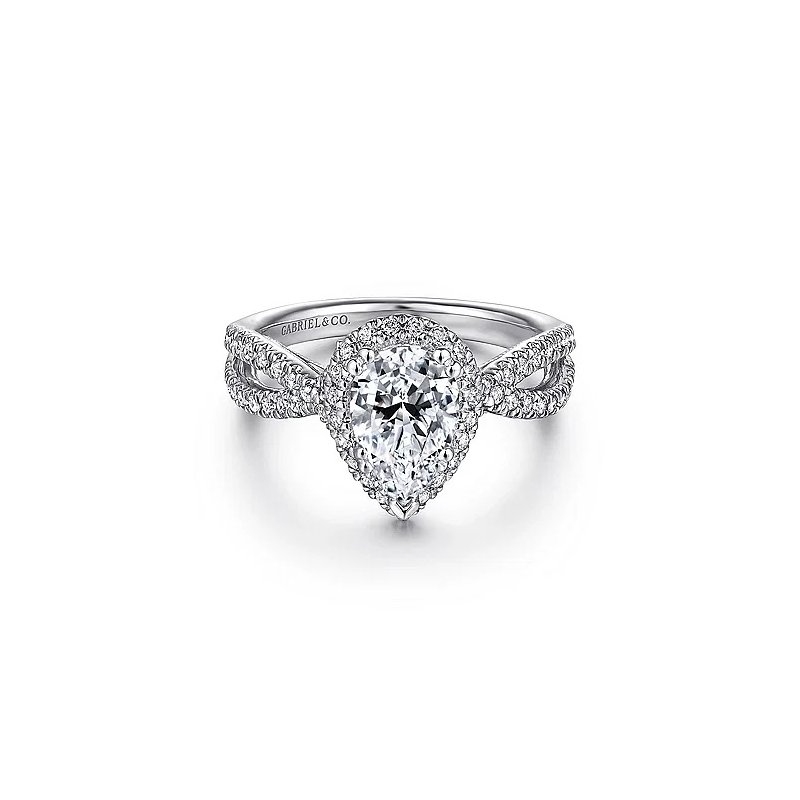 14K White Gold Pear Shape Halo Split Shank Diamond Engagement Ring