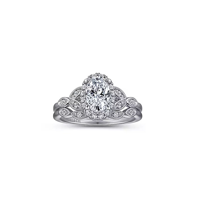 Vintage Inspired 14K White Gold Oval Halo Diamond Engagement Ring