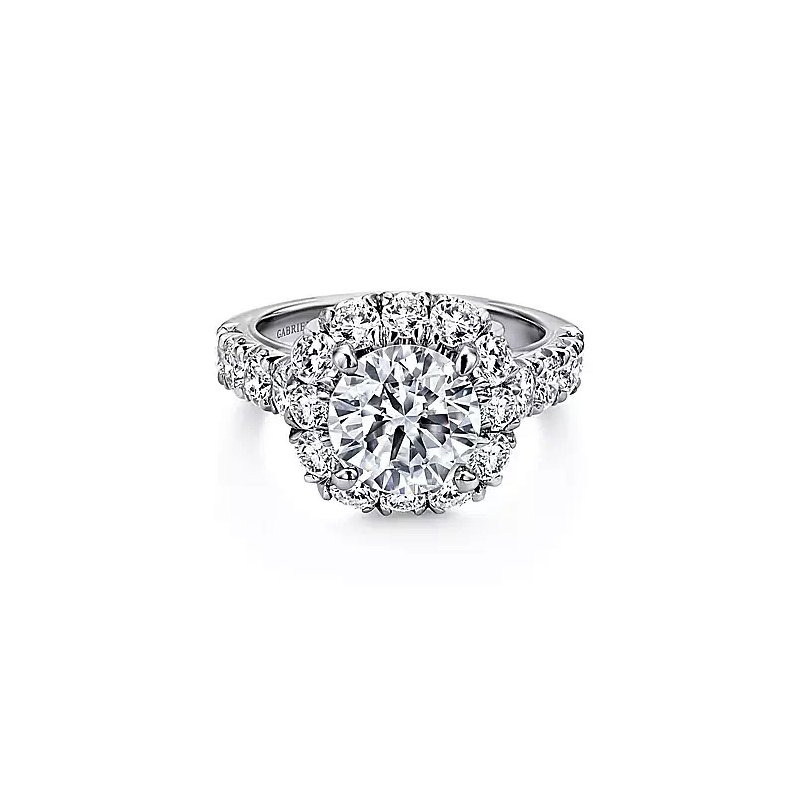 14K White Gold Cushion Halo Round Diamond Engagement Ring
