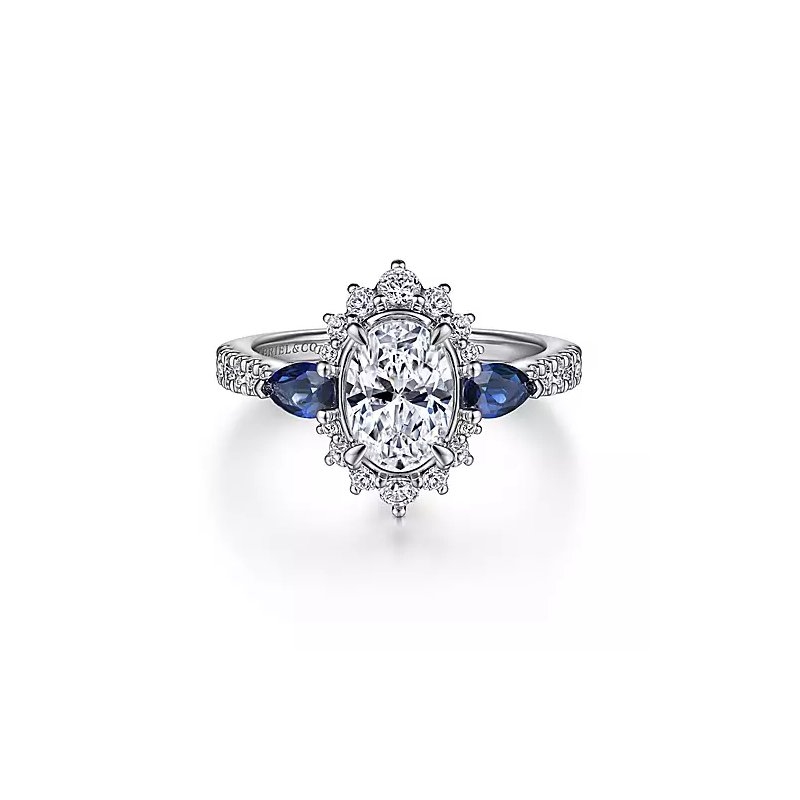 14K White Gold Fancy Three Stone Halo Sapphire and Diamond Engagement Ring
